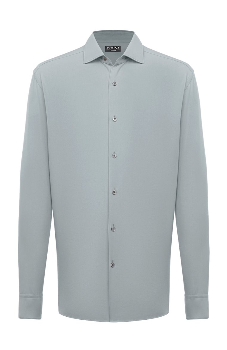 Мужская рубашка из хлопка и кашемира ZEGNA голубого цвета, арт. UCX44A6/SRF5013 | Фото 1 (Длина (для топов): Стандартные; Материал внешний: Хлопок; Рукава: Длинные; Случай: Повседневный; Манжеты: На пуговицах; Стили: Кэжуэл; Воротник: Акула; Принт: Однотонные; Автоматизация состава: Проставлено; Автоматизация ТО: Проставлено; Детали: Без декора)