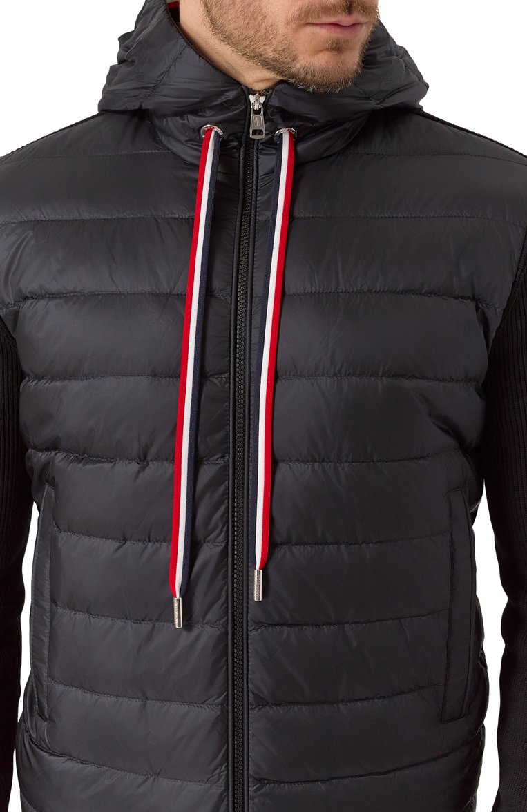 Мужской комбинированный кардиган MONCLER черного цвета, арт. 9B00005/M1367 | Фото 5 (Рукава: Длинные; Длина (для топов): Стандартные; Материал внешний: Хлопок; Мужское Кросс-КТ: Кардиган-одежда; Стили: Кэжуэл; Застежка: Молния; Материал утеплителя: Пух и перо)