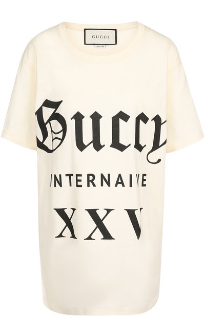 Женская хлопковая футболка с круглым вырезом и принтом GUCCI, арт. 492347/X3P07