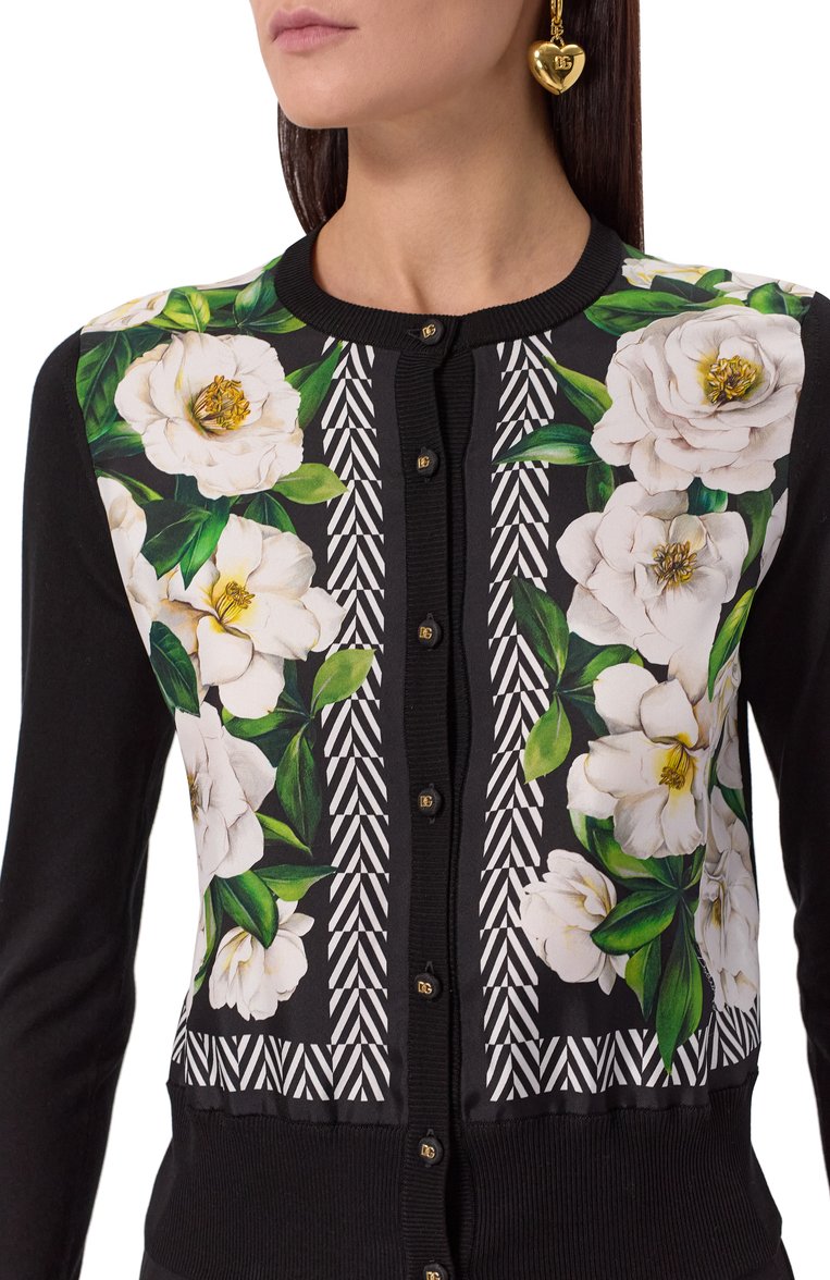 Женский шелковый кардиган DOLCE & GABBANA черного цвета, арт. FXV79T/JBSK9 | Фото 5 (Длина (для топов): Стандартные; Рукава: Длинные; Материал внешний: Шелк; Женское Кросс-КТ: кардиган-трикотаж; Стили: Кэжуэл; Застежка: Пуговицы; Автоматизация ТО: Проставлено; Размерность: Идёт в размер; Автоматизация состава: Проставлено)