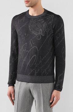 Мужской кашемировый джемпер BERLUTI темно-серого цвета, арт. R17KRL143-002 | Фото 3 (Длина (для топов): Стандартные; Рукава: Длинные; Материал внешний: Кашемир, Шерсть; Принт: С принтом; Мужское Кросс-КТ: Джемперы; Вырез: Круглый; Драгоценные камни: Проставлено; Материал сплава: Проставлено; Стили: Кэжуэл)