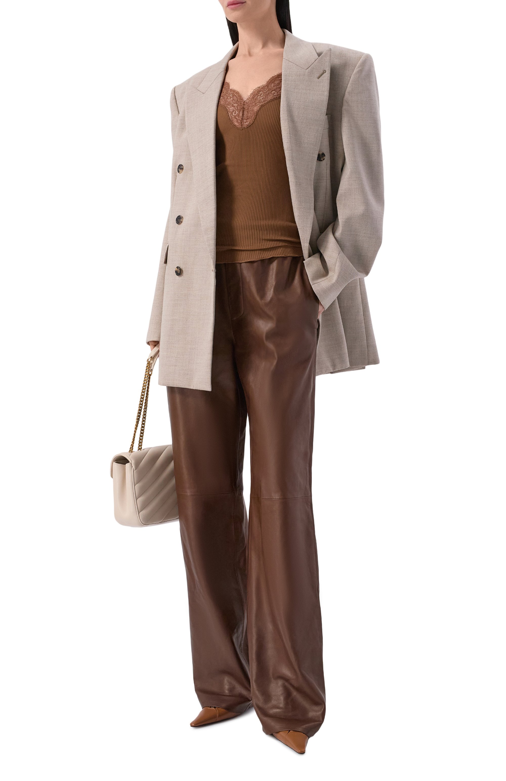 Кожаные брюки SAINT LAURENT коричневого цвета по цене 1180000 руб., арт. 863067/YC2TF, фото 2 Кожаные брюки SAINT LAURENT, арт. 863067/YC2TF, фото 2