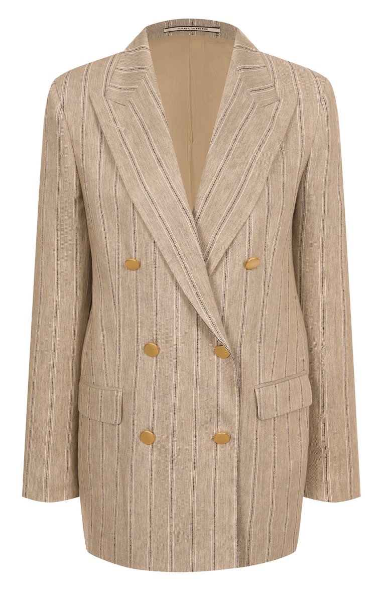 Женский жакет из льна и хлопка TAGLIATORE 0205 бежевого цвета, арт. J-JASMINE10B/340310 | Фото 1 (Материал внешний: Лен, Хлопок; Рукава: Длинные; Длина (для топов): Удлиненные; Кросс-КТ: костюм; Женское Кросс-КТ: Жакет-одежда; Стили: Кэжуэл; 1-2-бортные: Двубортные; Автоматизация ТО: Проставлено; Автоматизация состава: Проставлено)
