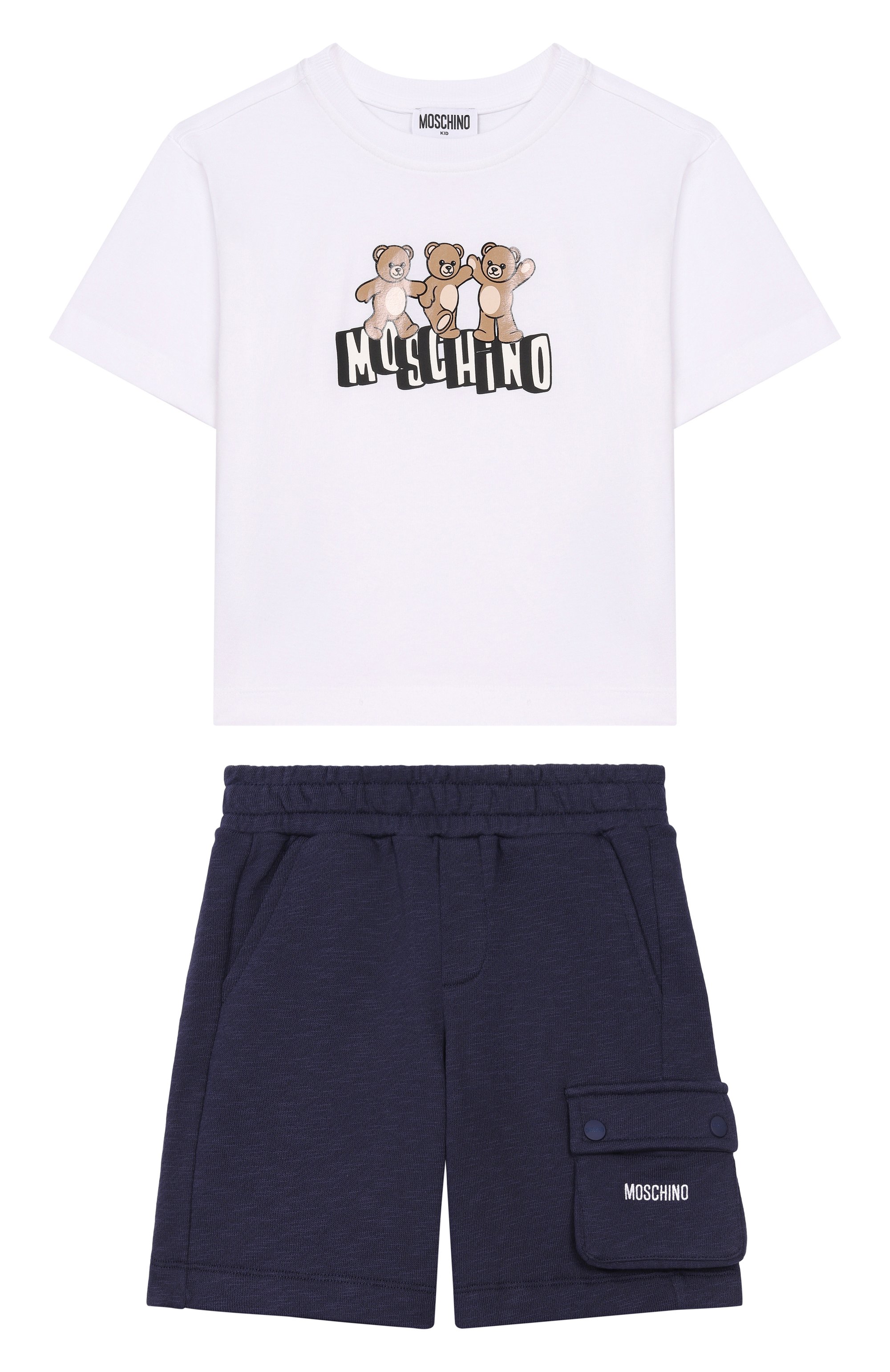 Комплект из футболки и шорт MOSCHINO темно-синего цвета по цене 25450 руб., арт. HUG00W/LCA88_001, фото 1 Комплект из футболки и шорт MOSCHINO, арт. HUG00W/LCA88_001, фото 1