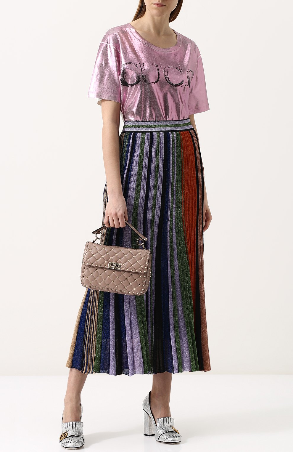 Хлопковая футболка с металлизированной отделкой и логотипом бренда GUCCI розового цвета по цене 61600 руб., арт. 492347/X9N04, фото 2 Хлопковая футболка с металлизированной отделкой и логотипом бренда GUCCI, арт. 492347/X9N04, фото 2