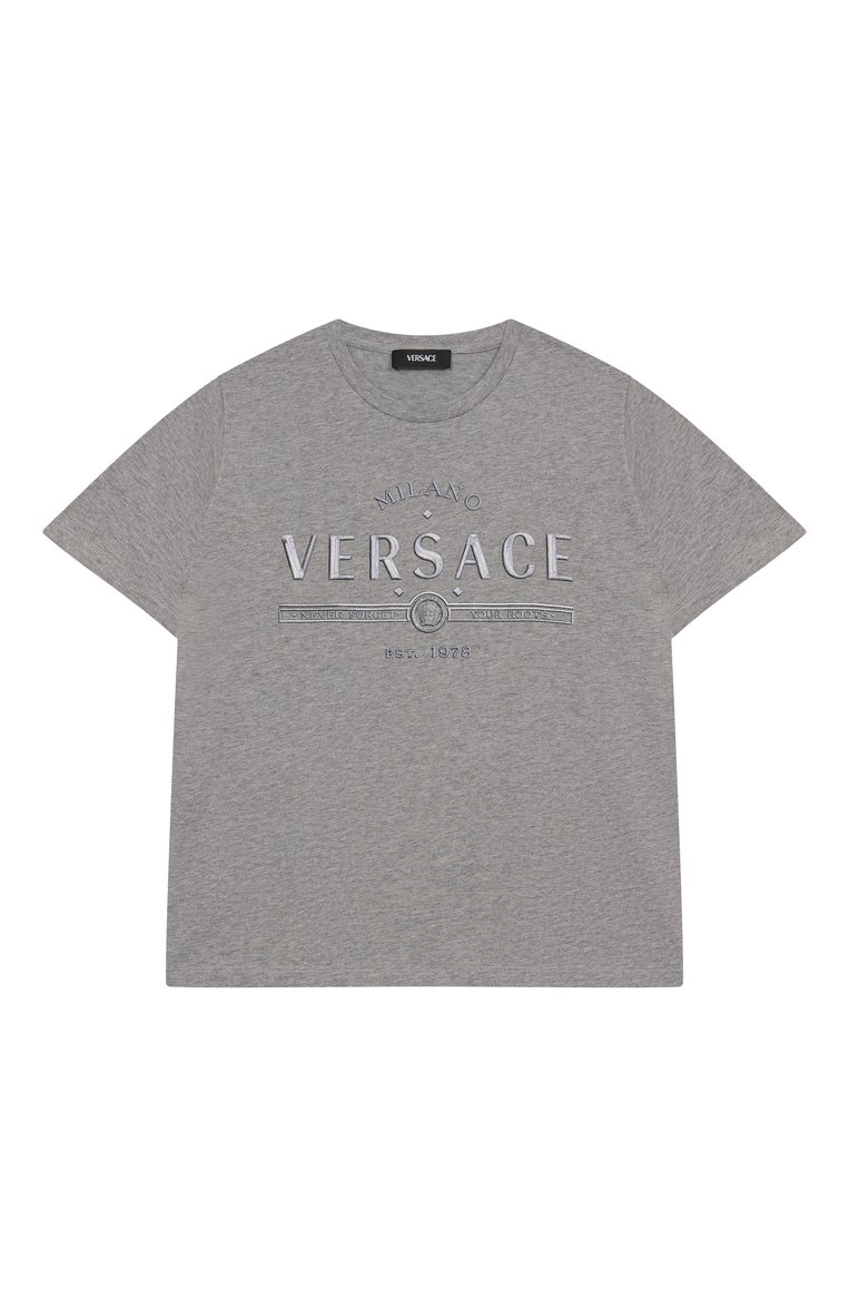 Детская хлопковая футболка VERSACE серого цвета, арт. 1018293/1A13085/8A-14A | Фото 1 (Рукава: Короткие; Материал внешний: Хлопок; Мальчики Кросс-КТ: Футболка-одежда; Автоматизация состава: Проставлено; Автоматизация ТО: Проставлено; Ростовка одежда: 8 лет | 128 см, 10 - 11 лет | 140 - 146см, 12 лет | 152 см, 16 лет | 164 см)