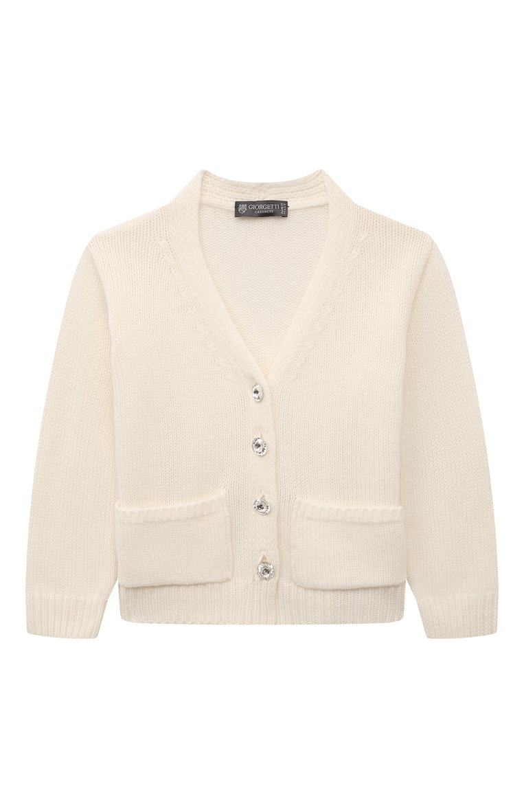Детский кашемировый кардиган GIORGETTI CASHMERE молочного цвета, арт. MB1826/1-6 | Фото 1 (Материал внешний: Шерсть, Кашемир; Драгоценные камни: Проставлено; Материал сплава: Проставлено; Рукава: Длинные; Девочки Кросс-КТ: Кардиган-одежда; Ростовка одежда: 2 года | 92 см, 6 лет | 116 см, 4 года | 104 см)