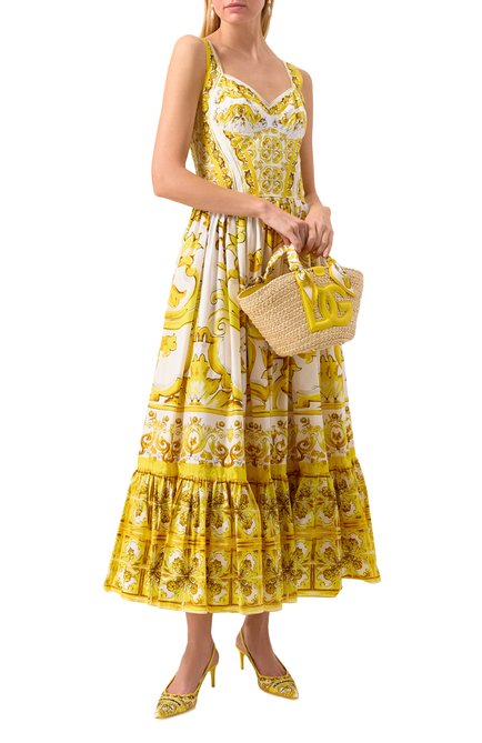 Женское хлопковое платье DOLCE & GABBANA желтого цвета, арт. F6AEIT/HH5A1 | Фото 2 (Материал внешний: Хлопок; Материал сплава: Проставлено; Длина Ж (юбки, платья, шорты): Миди; Драгоценные камни: Проставлено)