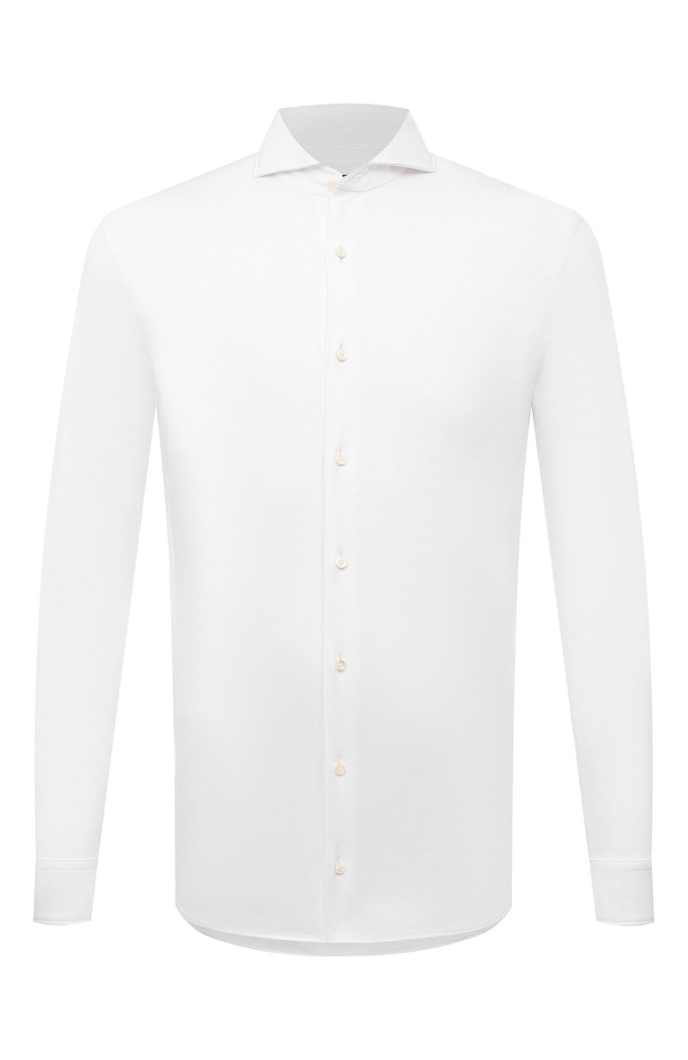 Мужская хлопковая рубашка VAN LAACK белого цвета, арт. PER-LSF/180031 | Фото 1 (Манжеты: На пуговицах; Рукава: Длинные; Воротник: Акула; Случай: Повседневный; Длина (для топов): Стандартные; Рубашки М: Slim Fit; Материал сплава: Проставлено; Материал внешний: Хлопок; Принт: Однотонные; Драгоценные камни: Проставлено; Стили: Кэжуэл)