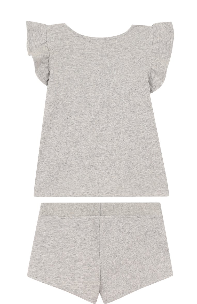 Детская хлопковый комплект из топа и шорт ARMANI JUNIOR серого цвета, арт. 3Z3V05/3JFAZ/4A-10A | Фото 2 (Материал внешний: Хлопок; Рукава: Короткие; Статус проверки: Проверено, Проверена категория; Автоматизация Diginetica: Проверено; Автоматизация ТО: Проставлено; Автоматизация состава: Проставлено; Ростовка одежда: 10 - 11 лет | 140 - 146см, 4 года | 104 см, 5 лет | 110 см, 6 лет | 116 см, 7 лет | 122 см, 8 лет | 128 см)