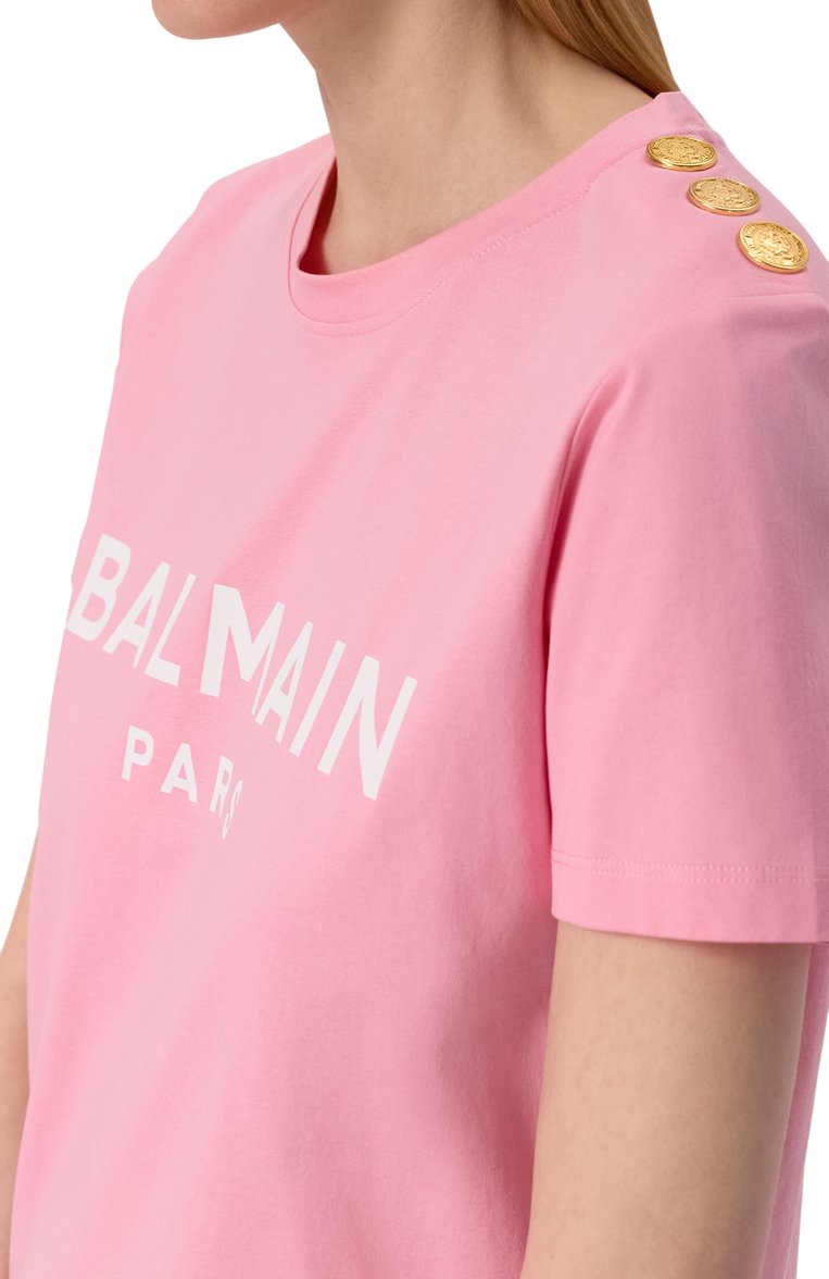 Женская хлопковая футболка BALMAIN розового цвета, арт. BF1EF005/BB02 | Фото 5 (Длина (для топов): Стандартные; Материал внешний: Хлопок; Рукава: Короткие; Стили: Кэжуэл; Принт: С принтом)