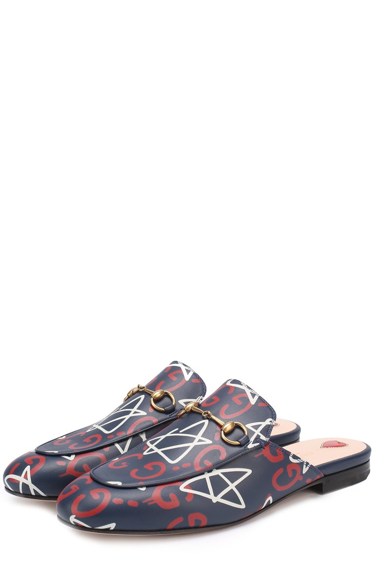 Женские кожаные сабо princetown с принтом GUCCI темно-синего цвета, арт. 448526/DSS00 | Фото 1 (Подошва: Плоская; Каблук высота: Низкий; Материал внутренний: Натуральная кожа; Материал внешний: Натуральная кожа)