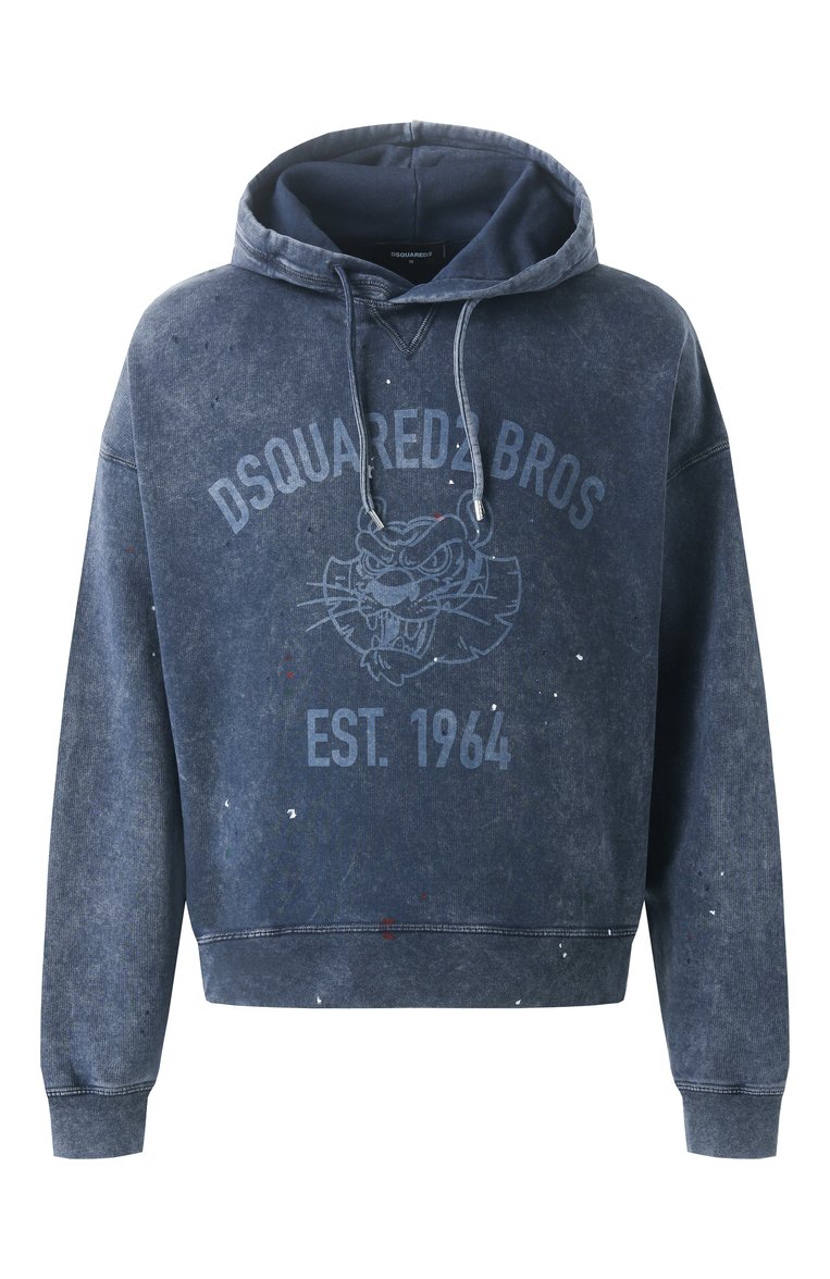 Мужской хлопковое худи DSQUARED2 темно-синего цвета, арт. S74GU0848/S25030 | Фото 1 (Длина (для топов): Стандартные; Драгоценные камни: Проставлено; Рукава: Длинные; Материал сплава: Проставлено; Мужское Кросс-КТ: Худи-одежда; Стили: Кэжуэл; Принт: С принтом; Материал внешний: Хлопок)