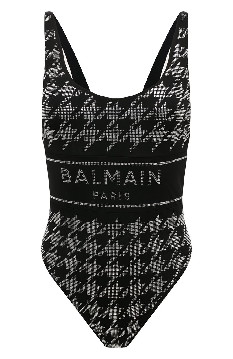 Женский слитный купальник BALMAIN черного цвета, арт. BKBU91330 | Фото 1 (Длина Ж (юбки, платья, шорты): Мини; Материал внешний: Синтетический материал; Женское Кросс-КТ: Сл�итные купальники)