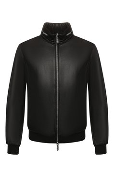 Мужской кожаный бомбер EMPORIO ARMANI черного цвета, арт. 41B14P/41P17 | Фото 1 (Длина (верхняя одежда): Короткие; Материал подклада: Синтетический материал; Рукава: Длинные; Принт: Без принта; Мужское Кросс-КТ: Кожа и замша, Верхняя одежда; Кросс-КТ: Куртка, бомбер; Стили: Кэжуэл; Материал внешний: Натуральная кожа; Материал сплава: Проставлено; Драгоценные камни: Проставлено)