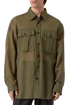 Мужская хлопковая рубашка DRIES VAN NOTEN хаки цвета, арт. 251-020721-1160 | Фото 3 (Длина (для топов): Удлиненные; Материал внешний: Хлопок; Рукава: Длинные; Случай: Повседневный; Воротник: Кент; Манжеты: На пуговицах; Стили: Милитари, Гранж; Принт: Однотонные; Автоматизация состава: Проставлено; Автоматизация ТО: Проставлено)