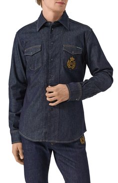 Мужская джинсовая рубашка DOLCE & GABBANA темно-синего цвета, арт. G5MN8Z/G8MG4 | Фото 3 (Материал сплава: Проставлено; Драгоценные камни: Проставлено; Рукава: Длинные; Длина (для топов): Стандартные; Манжеты: На кнопках; Воротник: Кент; Кросс-КТ: Деним; Случай: Повседневный; Стили: Кэжуэл; Материал внешний: Деним, Хлопок; Принт: Однотонные)