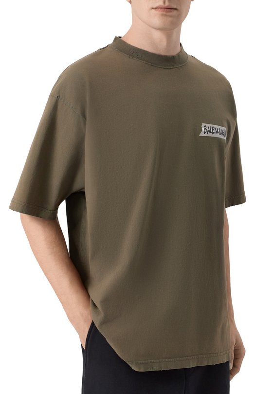 Хлопковая футболка Balenciaga 764235/TTVL6 Хаки  764235/TTVL6 Фото 3
