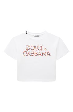 Детская хлопковая футболка DOLCE & GABBANA белого цвета, арт. L5JTHW/G7KC5/8-14 | Фото 1 (Девочки Кросс-КТ: футболка-одежда; Рукава: Короткие; Материал сплава: Проставлено; Материал внешний: Хлопок; Драгоценные камни: Проставлено)