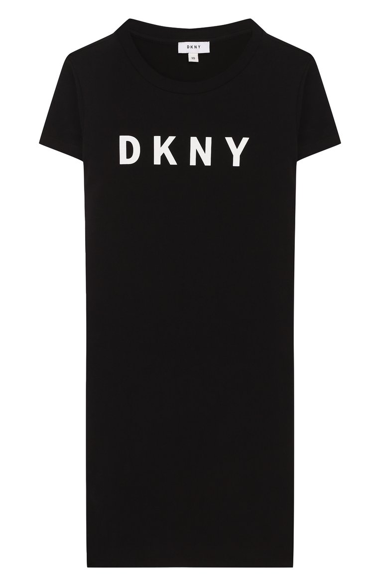 Детское хлопковое платье DKNY черного цвета, арт. D32696/09B SS19 | Фото 1 (Рукава: Короткие; Материал внешний: Хлопо�к; Принт: С принтом; Статус проверки: Проверена категория; Девочки Кросс-КТ: Платье-одежда; Материал сплава: Проставлено; Драгоценные камни: Проставлено)