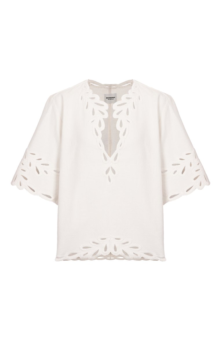Женская хлопковая блузка ISABEL MARANT ETOILE белого цвета, арт. HT0586FA/C1J12E | Фото 1 (Длина (для топов): Стандартные; Рукава: 3/4; Материал внешний: Хлопок; Стили: Кэжуэл; Женское Кросс-КТ: Блуза-одежда; Принт: Без принта)