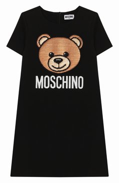Детское хлопковое платье MOSCHINO черного цвета, арт. HAV088/LDA12/10A-14A | Фото 1 (Материал внешний: Хлопок; Принт: С принтом; Рукава: Короткие; Девочки Кросс-КТ: Платье-одежда; Случай: Повседневный; Ростовка одежда: 10 - 11 лет | 140 - 146см, 12 лет | 152 см, 13 - 15 лет | 158 см)