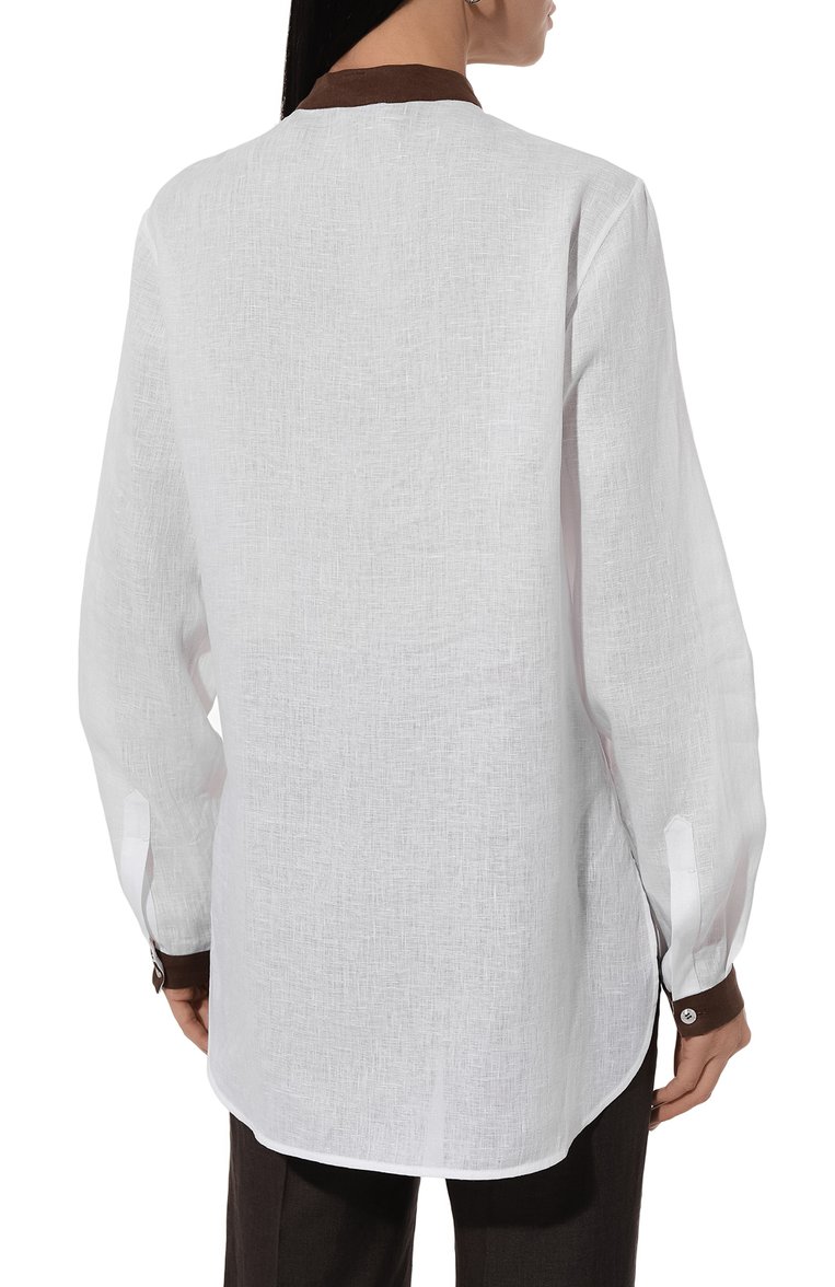 Женская льняная блузка KITON белого цвета, арт. D49412H06207 | Фото 4 (Рукава: Длинные; Длина (для топов): Удлиненные; Материал внешний: Лен; Стили: Кэжуэл; Принт: Без принта; Женское Кросс-КТ: Блуза-одежда)