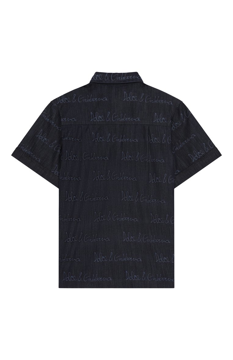Детская джинсовая рубашка DOLCE & GABBANA темно-синего цвета, арт. L44S21/LDC87/8-14 | Фото 2 (Материал внешний: Хлопок, Деним; Рукава: Короткие; Случай: Повседневный; Автоматизация ТО: Проставлено; Автоматизация состава: Проставлено; Ростовка одежда: 5 лет | 110 см, 6 лет | 116 см, 10 - 11 лет | 140 - 146см, 2 года | 92 см)