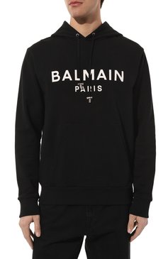 Мужской хлопковое худи BALMAIN черного цвета, арт. AH1JR002/BB65 | Фото 3 (Рукава: Длинные; Длина (для топов): Стандартные; Принт: С принтом; Мужское Кросс-КТ: Худи-одежда; Материал сплава: Проставлено; Материал внешний: Хлопок; Драгоценные камни: Проставлено; Стили: Кэжуэл)