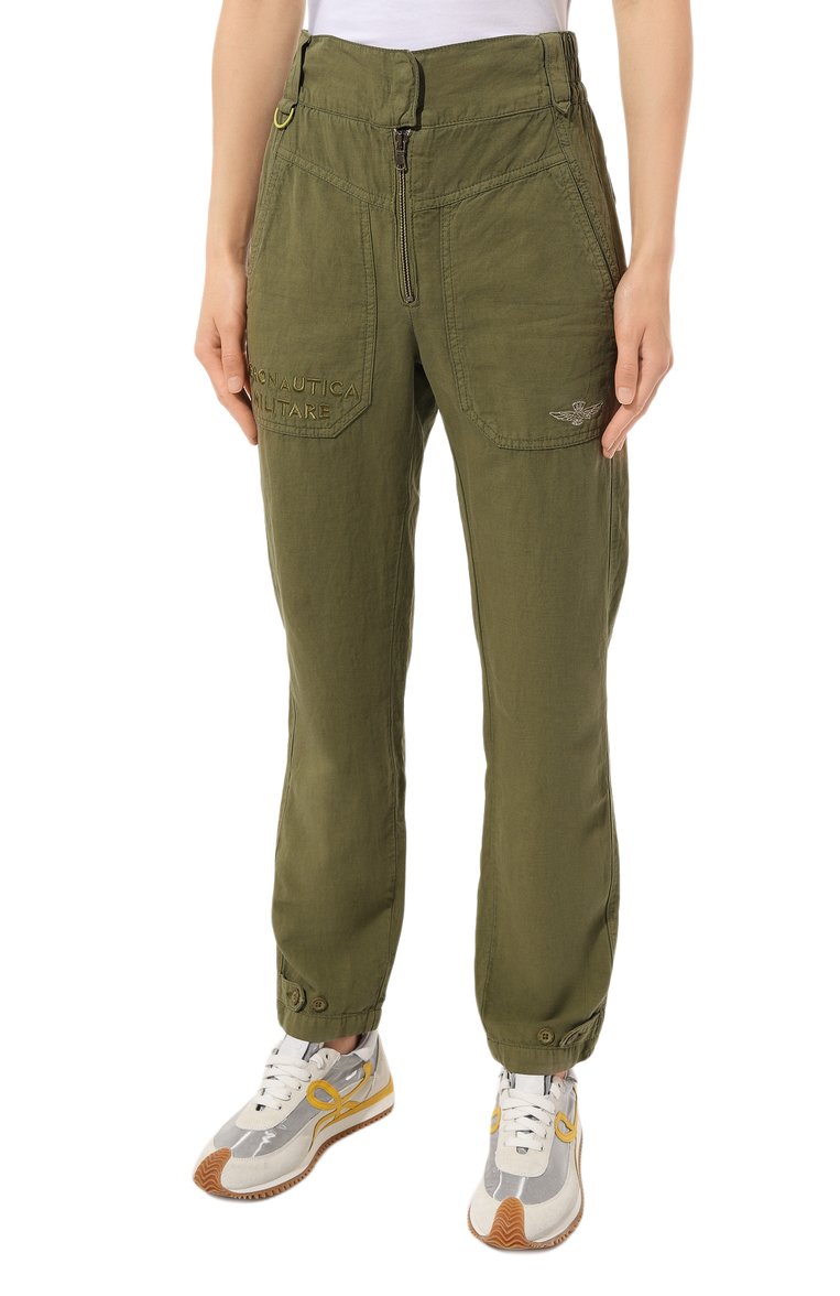 Женские брюки из хлопка и льна AERONAUTICA MILITARE хаки цвета, арт. 231/PA1536DCT3118 | Фото 3 (Материал внешний: Хлопок, Лен; Длина (брюки, джинсы): Стандартные; Стили: Милитари; Женское Кросс-КТ: Брюки-одежда; Силуэт Ж (брюки и джинсы): Узкие; Автоматизация состава: Проставлено; Автоматизация ТО: Проставлено)