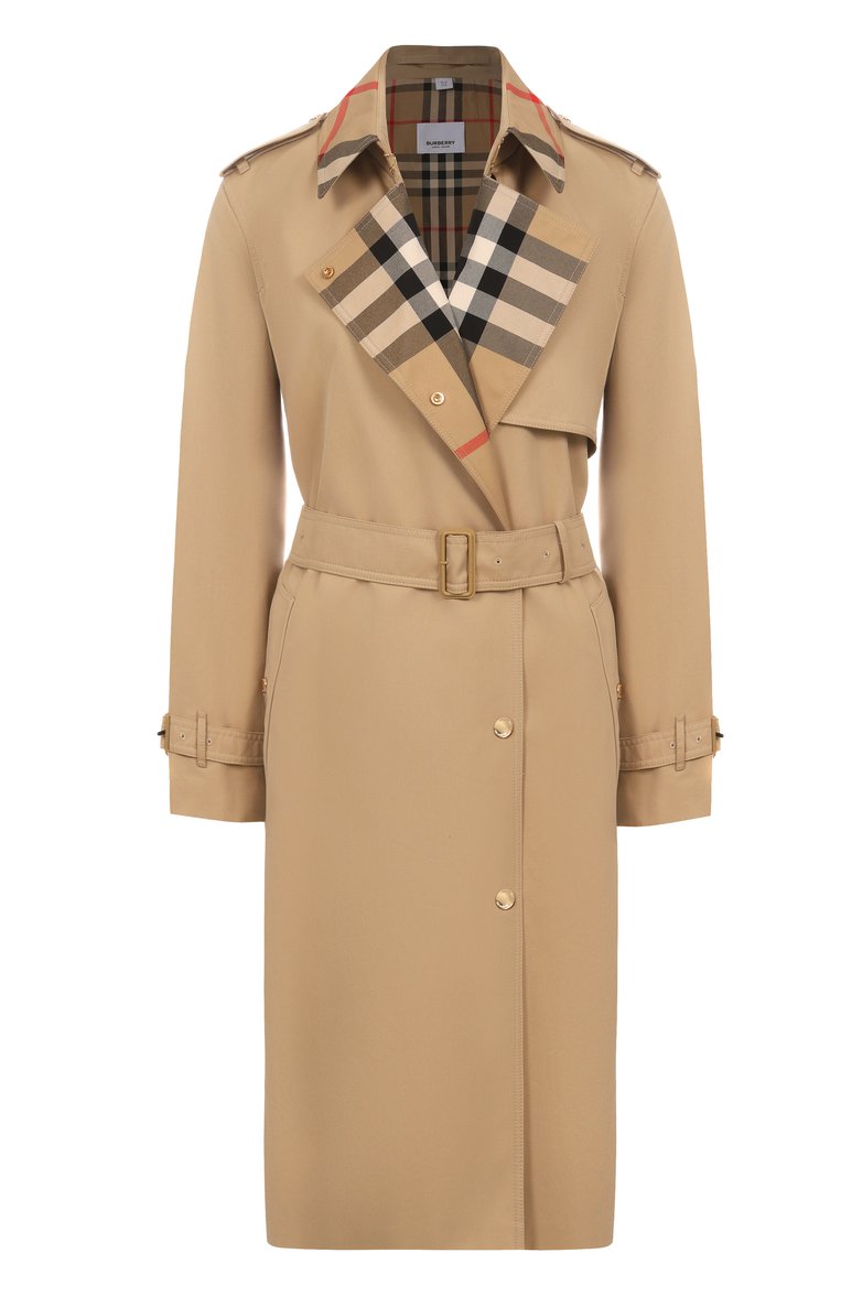 Женский хлопковый тренч BURBERRY бежевого цвета, арт. 8089812 | Фото 1 (Материал подклада: Хлопок; Автоматизация ТО: Проставлено; Материал внешний: Хлопок; Рукава: Длинные; Длина (верхняя одежда): До колена; Автоматизация состава: Проставлено; Кросс-КТ: Куртка; Стили: Классический)