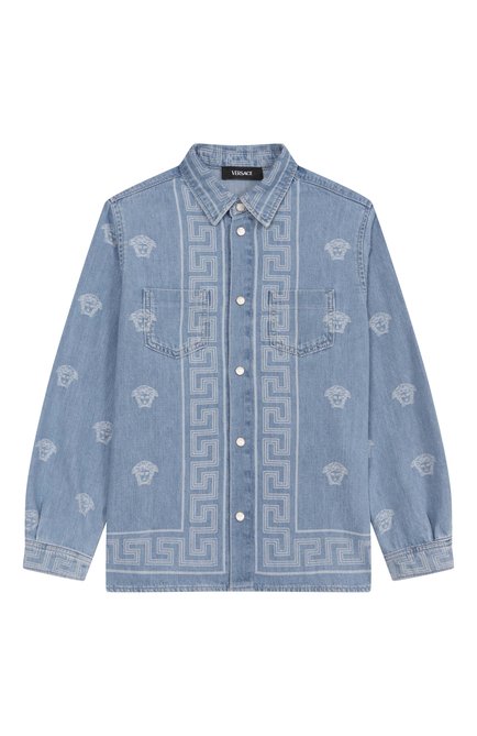 Детская джинсовая рубашка VERSACE голубого цвета, арт. 1018258/1A13070/8A-14A | Фото 1 (Рукава: Длинные; Материал сплава: Проставлено; Материал внешний: Хлопок; Драгоценные камни: Проставлено)