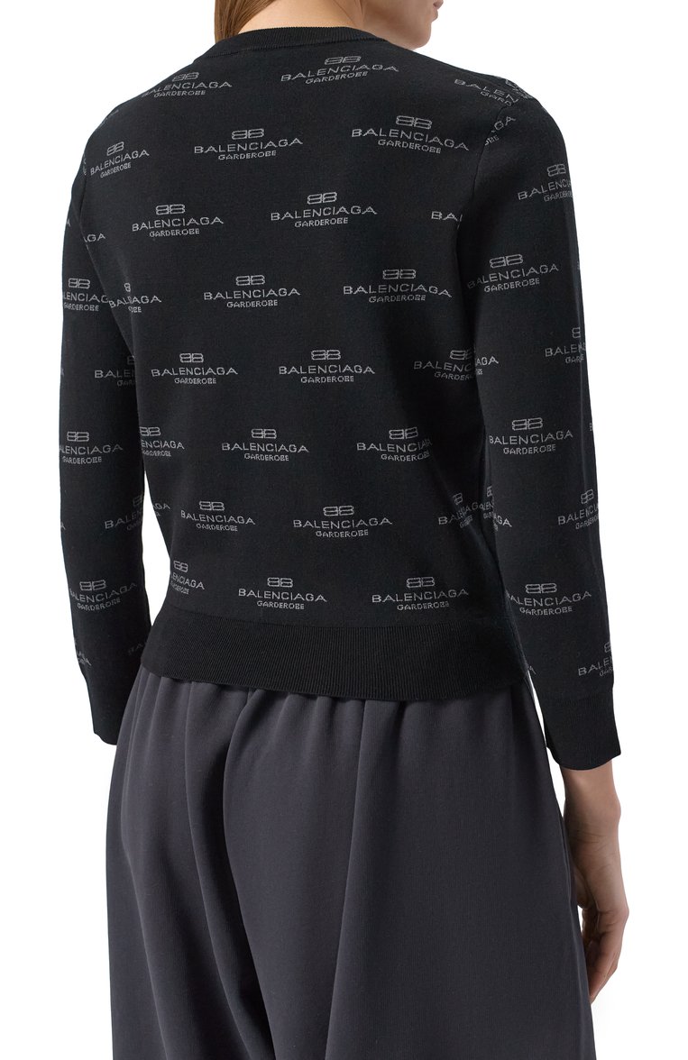 Женский пуловер из шерсти и хлопка BALENCIAGA черного цвета, арт. 812576/T1724 | Фото 4 (Материал внешний: Шерсть, Хлопок; Длина (для топов): Стандартные; Рукава: Длинные; Женское Кросс-КТ: Пуловер-одежда; Стили: Гранж)