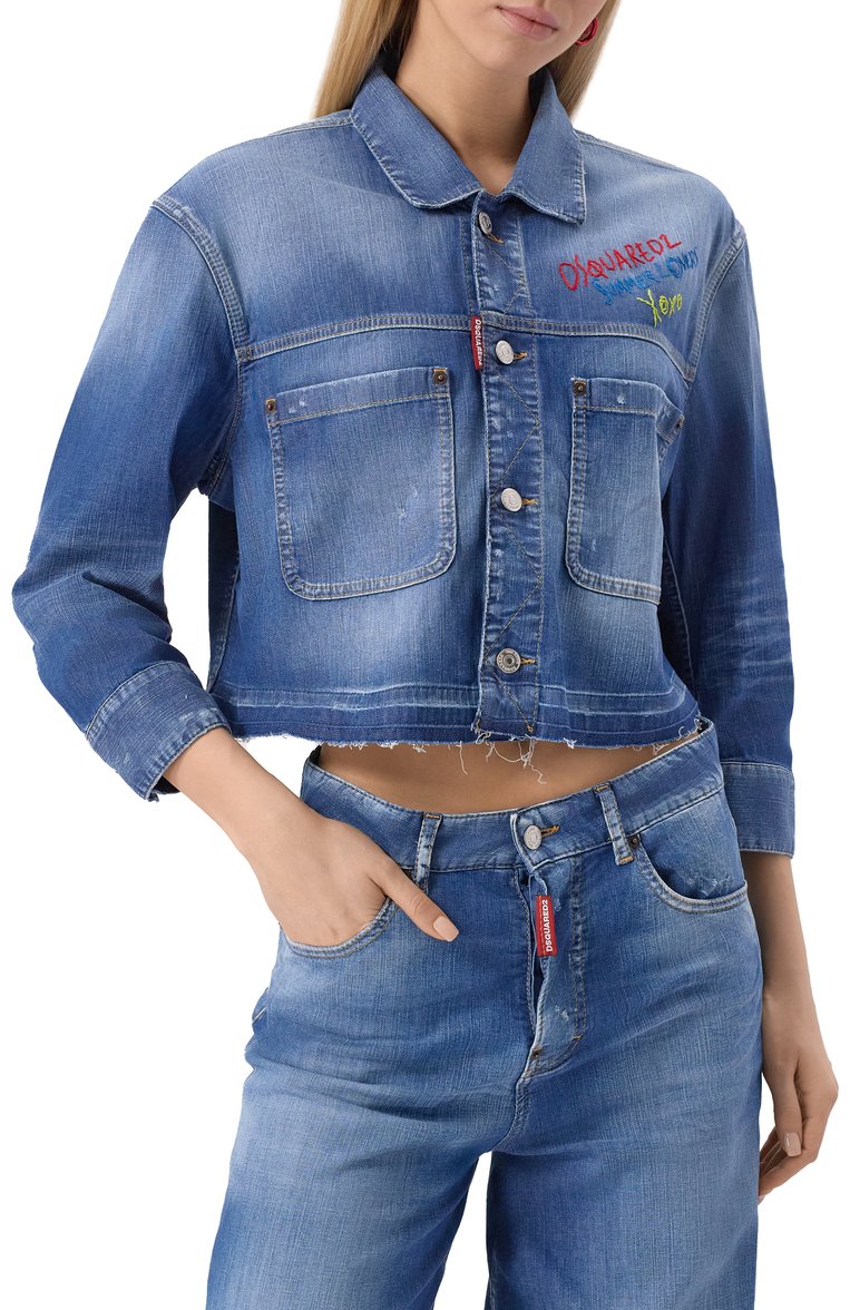 Женская джинсовая куртка DSQUARED2 синего цвета, арт. S73AM0359/S30341 | Фото 3 (Длина (верхняя одежда): Короткие; Материал внешний: Хлопок, Деним; Рукава: Длинные; Кросс-КТ: Деним, Куртка, Легкие; Стили: Кэжуэл; Автоматизация ТО: Проставлено; Автоматизация состава: Проставлено)