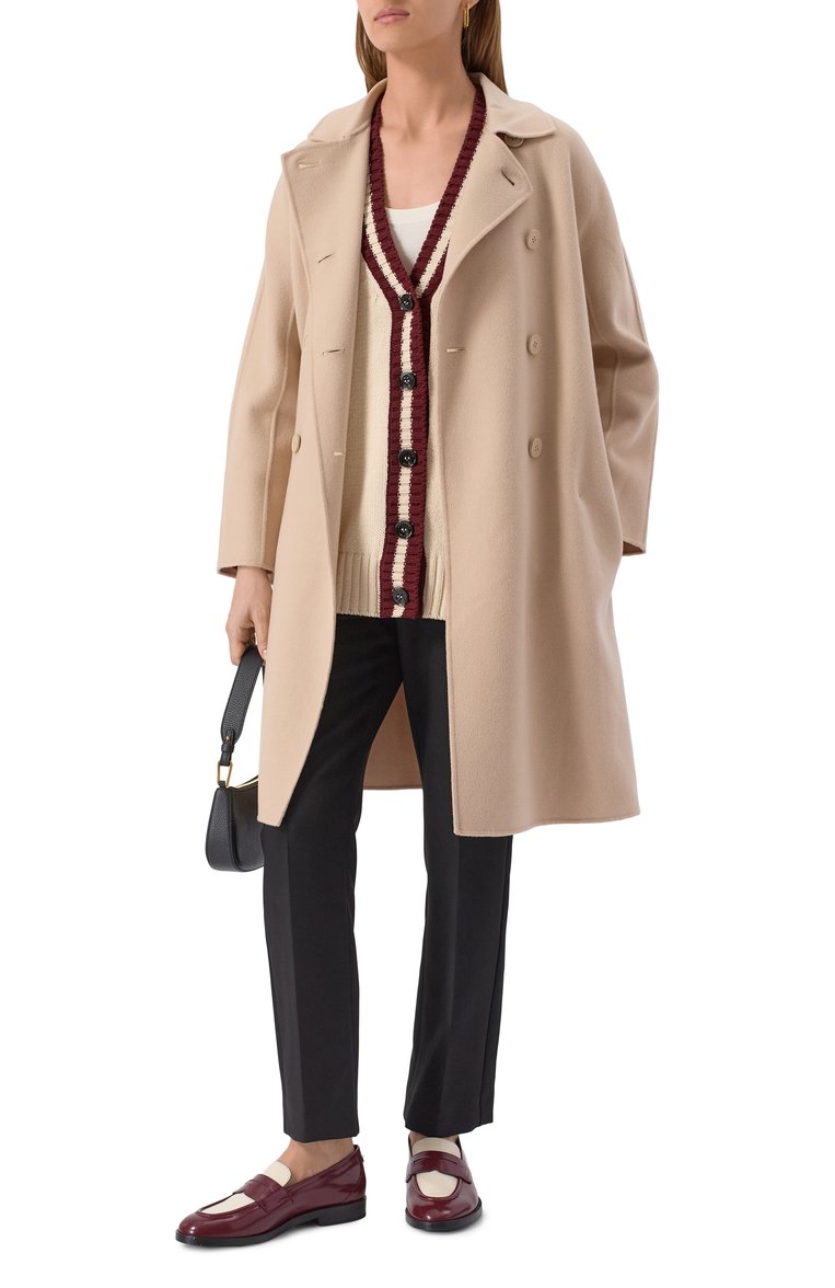 Женское шерстяное паль�то WEEKEND MAX MARA бежевого цвета, арт. AVENUE | Фото 2 (Автоматизация ТО: Проставлено; Материал внешний: Шерсть; Автоматизация состава: Проставлено; Длина (верхняя одежда): До середины бедра; Рукава: Длинные; 1-2-бортные: Двубортные; Стили: Классический)