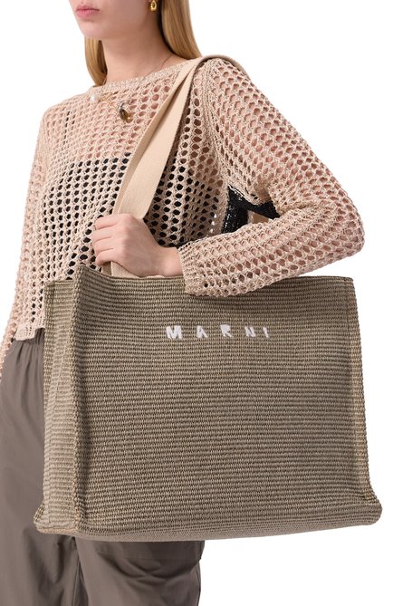 Женская сумка-тоут basket large MARNI хаки цвета, арт. SHMP0078U0/P3860 | Фото 2 (Материал: Текстиль; Материал сплава: Проставлено; Размер: large; Драгоценные камни: Проставлено)