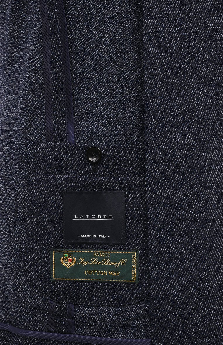 Мужской пиджак из шерсти и хлопка SARTORIA LATORRE темно-синего цвета, арт. JD74/JG106 | Фото 8 (Рукава: Длинные; Материал внешний: Шерсть, Хлопок; Драгоценные камни: Проставлено; Длина (для топов): Стандартные; Материал сплава: Проставлено; Пиджаки М: Прямой; 1-2-бортные: Однобортные; Стили: Классический; Случай: Формальный, Повседневный)