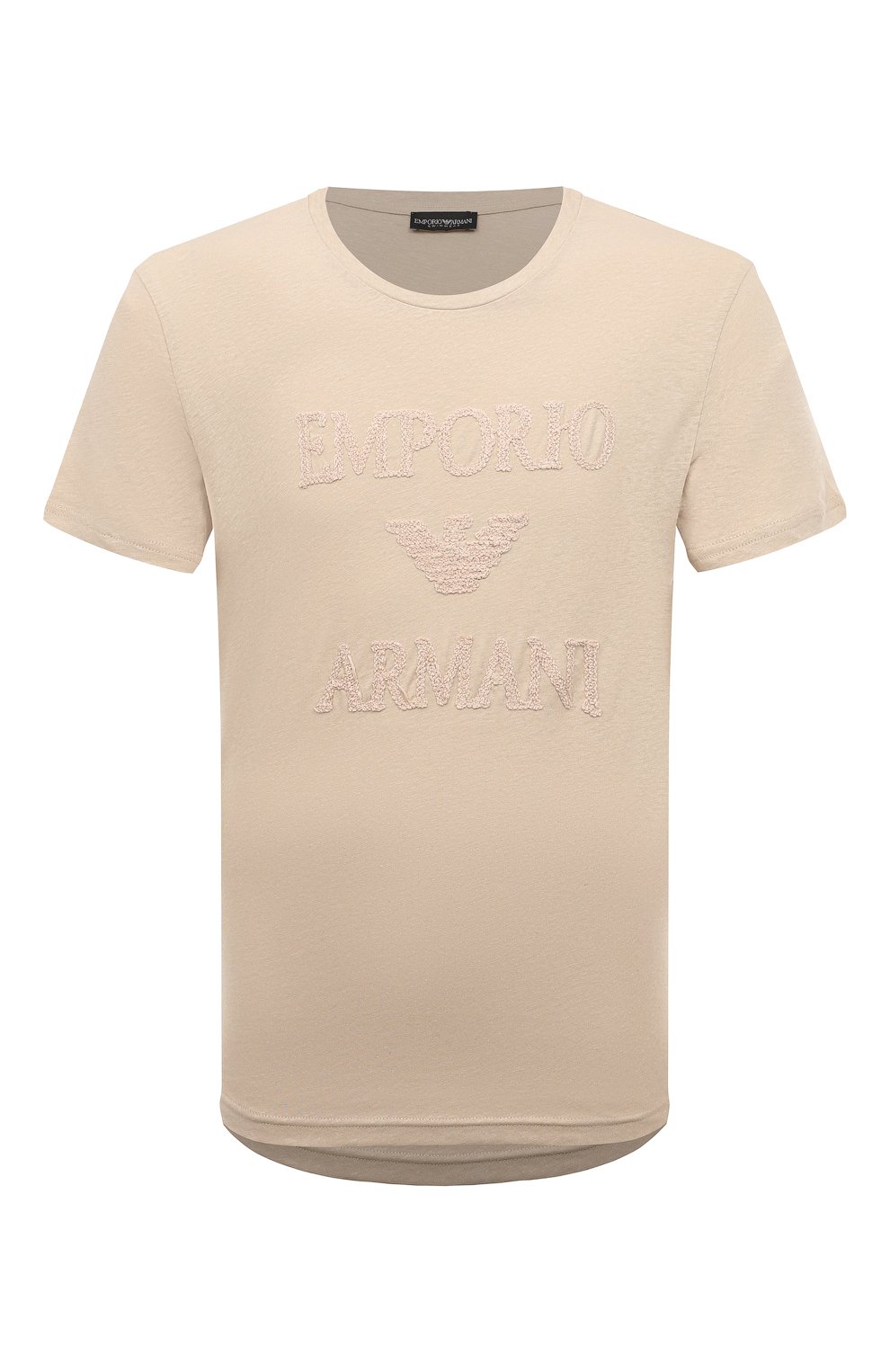 Мужская футболка из хлопка и льна EMPORIO ARMANI бежевого цвета, арт. 211818/3R485 | Фото 1 (Региональные ограничения белый список (Axapta Mercury): Не проставлено; Принт: С принтом; Материал сплава: Проставлено; Нос: Не проставлено; Материал внешний: Хлопок, Лен; Драгоценные камни: Проставлено; Стили: Минимализм)