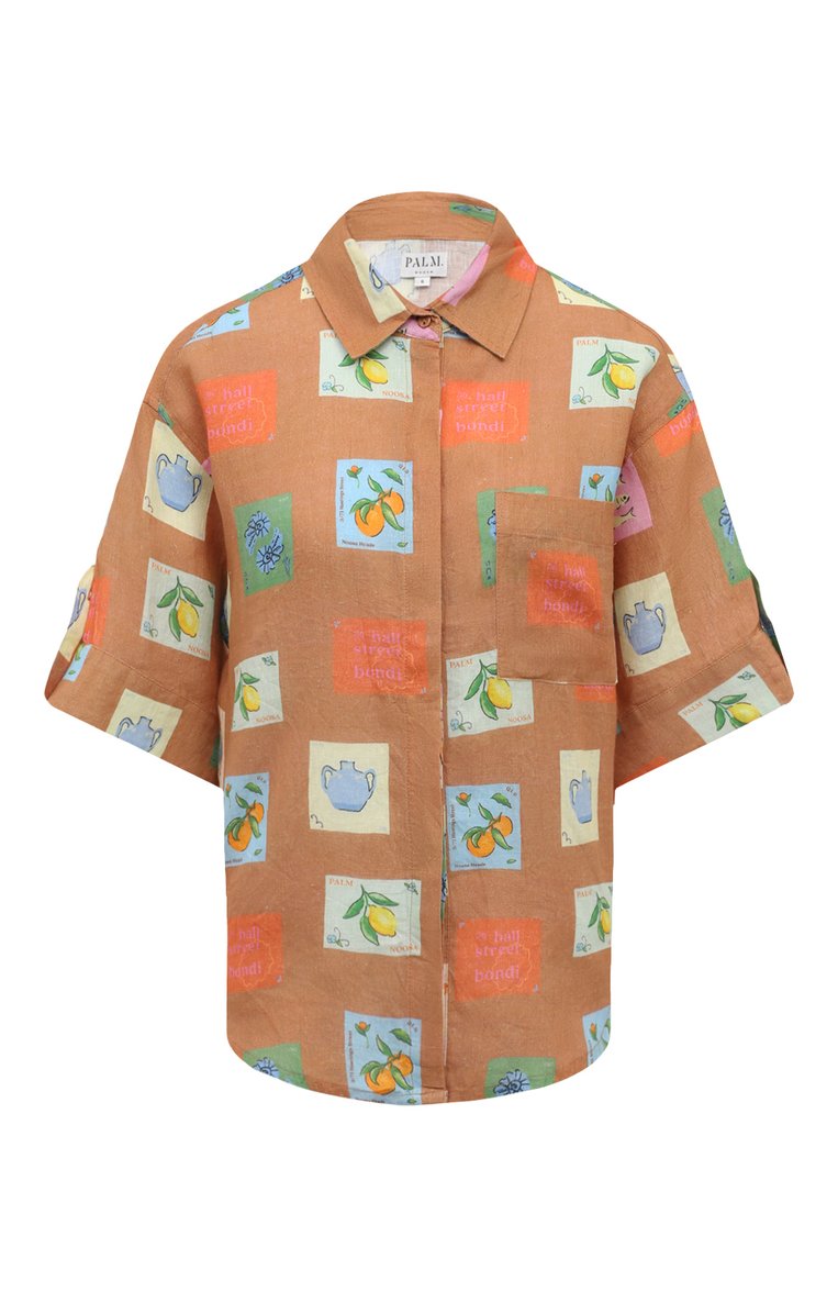 Женский льняная рубашка PALM NOOSA бежевого цвета, арт. MIRAGE SHIRT | Фото 1 (Драгоценные камни: Проставлено; Рукава: 3/4; Материал сплава: Проставлено; Материал внешний: Лен; Длина (для топов): Стандартные; Стили: Кэжуэл; Кросс-КТ: Пляж)