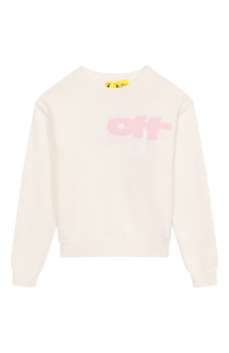 Детский хлопковый пуловер OFF-WHITE молочного цвета, арт. 0GHE002S25KNI002/4-12 | Фото 1 (Автоматизация состава: Проставлено; Рукава: Длинные; Автоматизация ТО: Проставлено; Материал внешний: Хлопок; Девочки Кросс-КТ: Пуловер-одежда; Ростовка одежда: 8 лет | 128 см, 12 лет | 152 см, 6 лет | 116 см, 10 - 11 лет | 140 - 146см)
