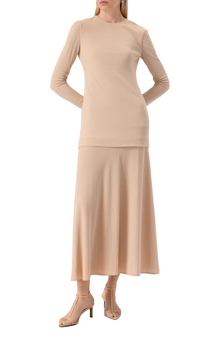 Женское платье из вискозы JIL SANDER бежевого цвета, арт. J04CT0110-J65016 | Фото 3 (Длина Ж (юбки, платья, шорты): Миди; Рукава: Длинные; Материал внешний: Вискоза; Стили: Кэжуэл; Женское Кросс-КТ: Платье-одежда; Случай: Повседневный; Автоматизация ТО: Проставлено; Автоматизация состава: Проставлено)