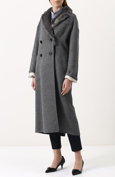 Двубортное пальто свободного кроя с меховой отделкой PRADA, арт. P600HP-1P80-F0535, фото 3