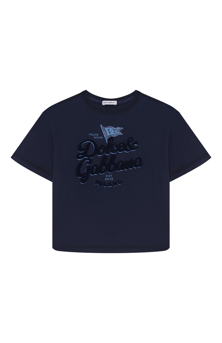 Детская хлопковая футболка DOLCE & GABBANA темно-синего цвета, арт. L4JTHV/G70J1/8-14 | Фото 1 (Материал внешний: Хлопок; Рукава: Короткие; Мальчики Кросс-КТ: Футболка-одежда; Ростовка одежда: 8 лет | 128 см, 10 - 11 лет | 140 - 146см, 12 лет | 152 см, 13 - 15 лет | 158 см)