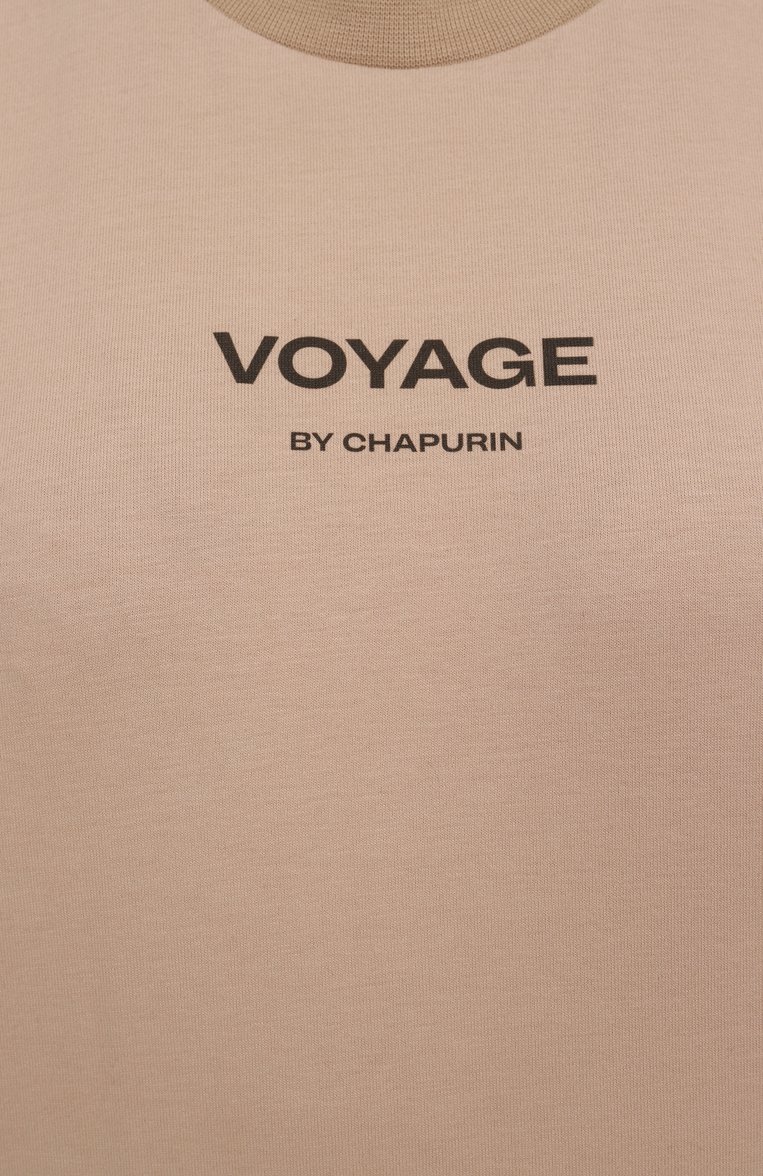 Женская хлопковая футболка CHAPURIN бежевого цвета, арт. TSH/18900/CORSICA/28784-М | Фото 6 (Материал внешний: Хлопок; Длина (для топов): Удлиненные; Женское Кросс-КТ: Футболка-одежда; Стили: Кэжуэл; Принт: С принтом; Рукава: Короткие)