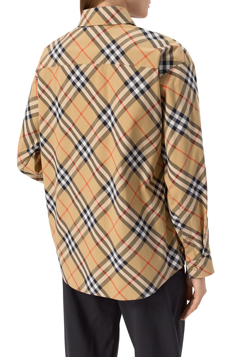 Женская хлопковая рубашка BURBERRY бежевого цвета, арт. 8106164 | Фото 4 (Длина (для топов): Удлиненные; Материал внешний: Хлопок; Рукава: Длинные; Женское Кросс-КТ: Рубашка-одежда; Принт: С принтом, Клетка; Стили: Классический; Автоматизация состава: Проставлено; Автоматизация ТО: Проставлено)