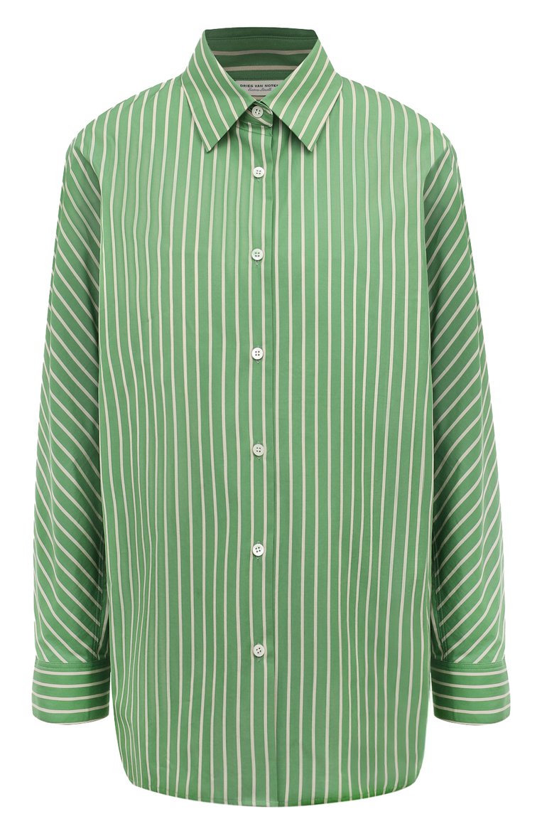 Женская хлопковая рубашка DRIES VAN NOTEN зеленого цвета, арт. 010710-8067 | Фото 1 (Длина (для топов): Удлиненные; Материал внешний: Хлопок; Рукава: Длинные; Принт: С принтом, Полоска; Женское Кросс-КТ: Рубашка-одежда; Стили: Кэжуэл)