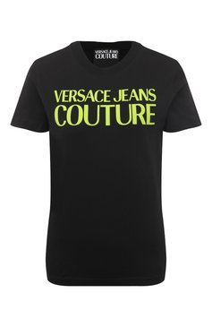 Женская хлопковая футболка VERSACE JEANS COUTURE черного цвета, арт. 74HAHT03/CJ000 | Фото 1 (Р�укава: Короткие; Принт: С принтом; Материал сплава: Проставлено; Материал внешний: Хлопок; Стили: Спорт-шик; Женское Кросс-КТ: Футболка-одежда; Драгоценные камни: Проставлено)