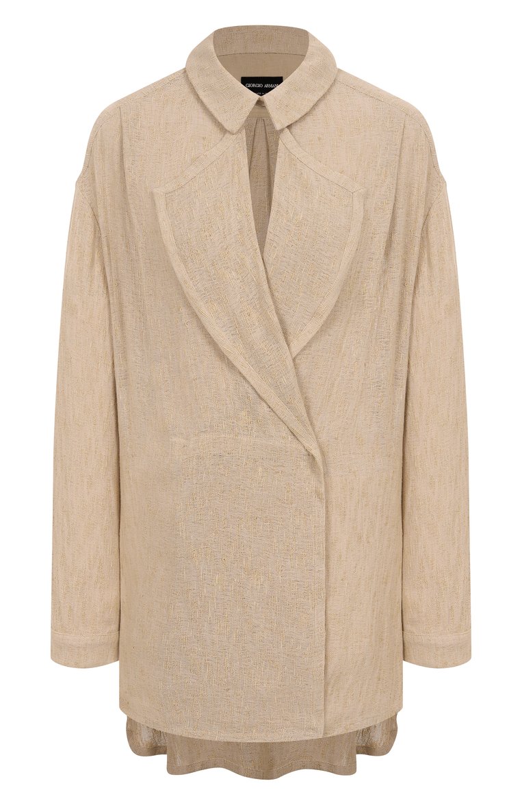 Женская блузка из вискозы и льна GIORGIO ARMANI бежевого цвета, арт. GW000816/TE13970 | Фото 1 (Длина (для топов): Удлиненные; Автоматизация состава: Проставлено; Рукава: Длинные; Материал внешний: Вискоза, Лен; Автоматизация ТО: Проставлено; Женское Кросс-КТ: Блуза-одежда; Детали: Без декора; Принт: Без принта; Стили: Кэжуэл)