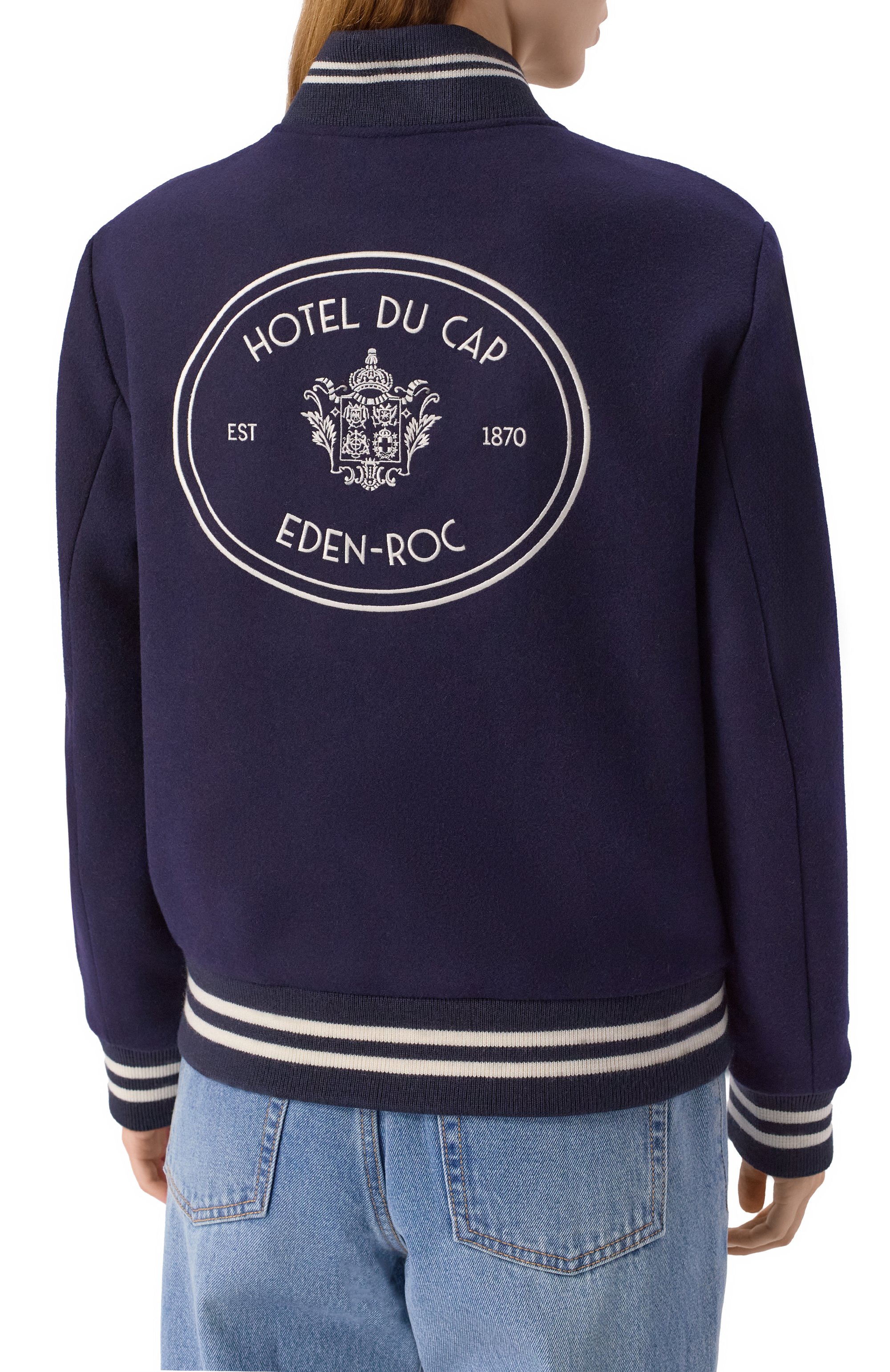 Шерстяной бомбер sporty & rich x hotel du cap-eden-roc SPORTY AND RICH темно-синего цвета по цене 99500 руб., арт. 0W00760666BL106, фото 4 Шерстяной бомбер sporty & rich x hotel du cap-eden-roc SPORTY AND RICH, арт. 0W00760666BL106, фото 4