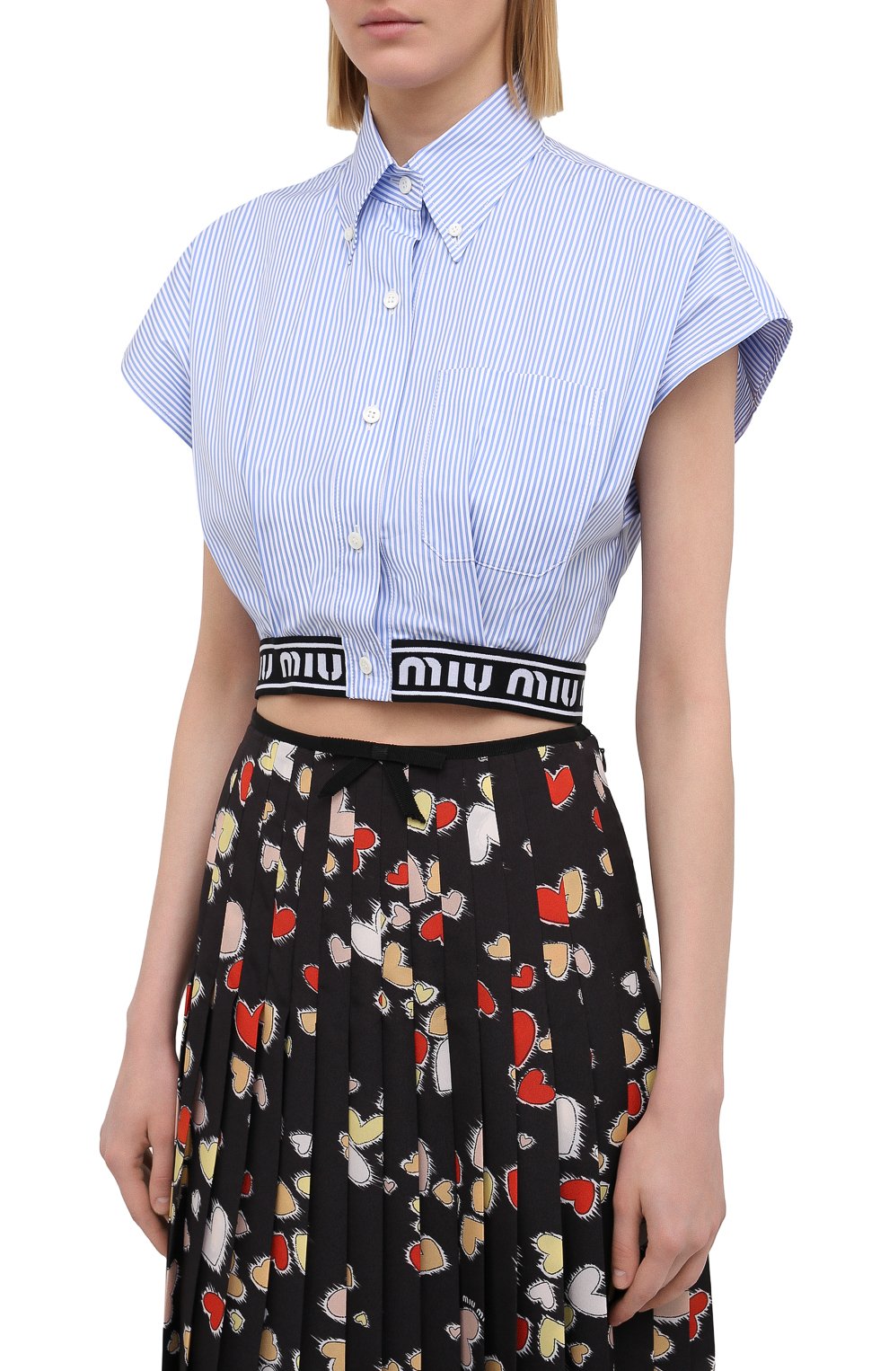 Хлопковый топ MIU MIU голубого цвета по цене 74000 руб., арт. MK1433-1YIN-F0076, фото 3 Хлопковый топ MIU MIU, арт. MK1433-1YIN-F0076, фото 3